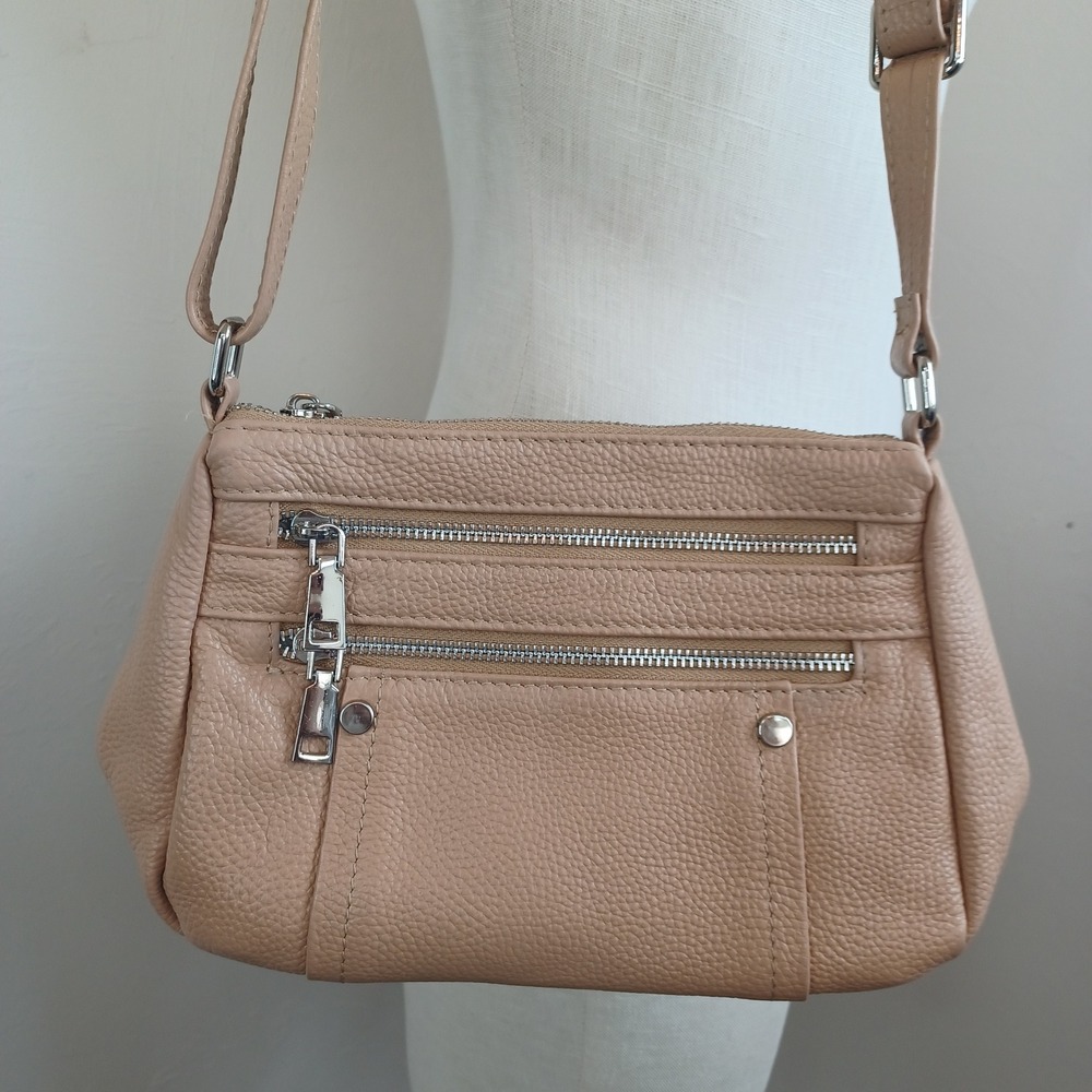 Befen Beige Pebble Grain Faux Leather Crossbody Bag Multi Pocket Organizer Purse
